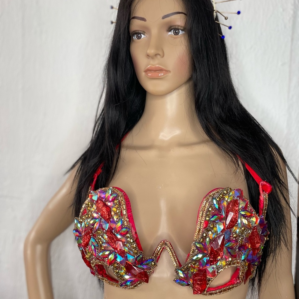 Red Rhinestone Carnival Wire Bra - D Cup